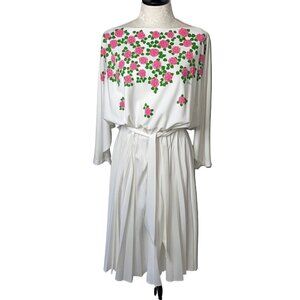 Alfred Shaheen Vintage Womens Midi Dress Size Large White Rose Print Belted